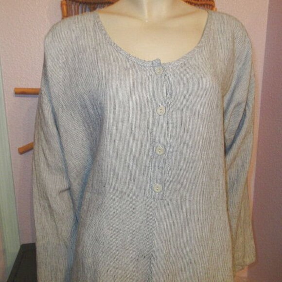 Flax Linen Tunic Top Size 1X 1G Long Sleeves Button Up Striped Lagonlook Coastal - Picture 2 of 10
